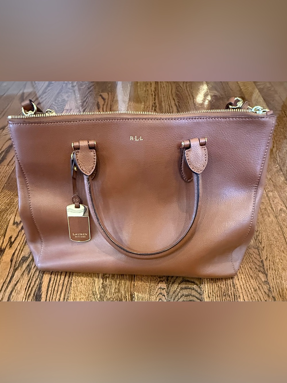 Lauren Ralph Lauren LRL Newbury Leather Handbag Double Zip Satchel Tote Brown